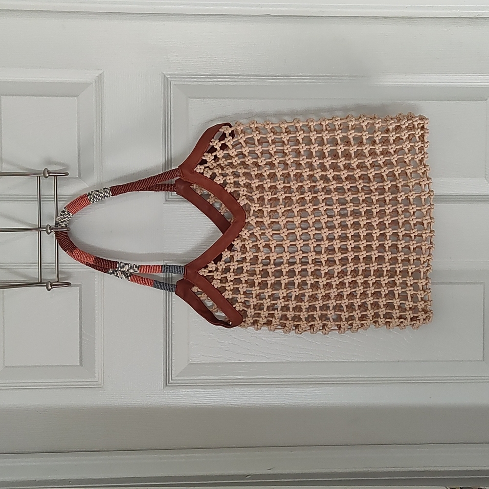 NWOT Free People Netted Bag with Beaded Leather Straps